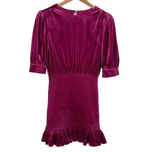Forever 21 Dress Womens Medium Magenta Pink Velvet Smocked Mini Puff Sleeve